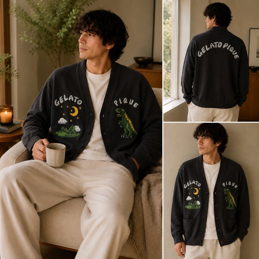 Gelato Piqué Homme Men's M Cardigan Plush Fleece Dinosaur Moon Graphic Dark Gray
